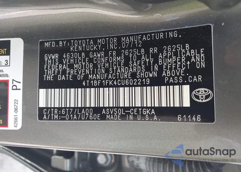 2012 Toyota Camry Xle из США, поврежденный, VIN 4T1BF1FK4CU602219